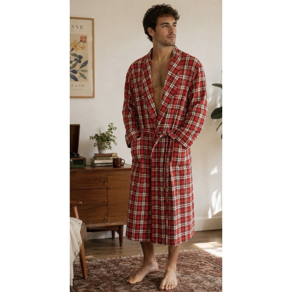 VTG 1950’s Large Red Plaid Robe Lightweight Preppy Mens 100% Combed Cotton Sz S